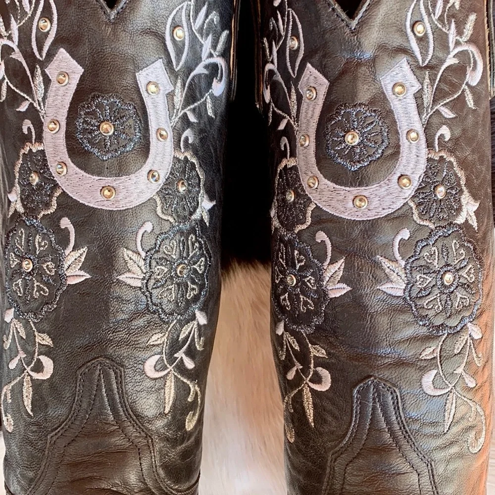 OLD GRINGO Swarovski Crystals Lucky Horseshoe Black Cowboy Western Boots 9.5 - Picture 9 of 12